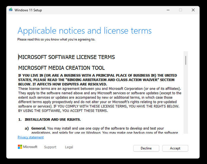 Accept Terms for Windows 11 Setup