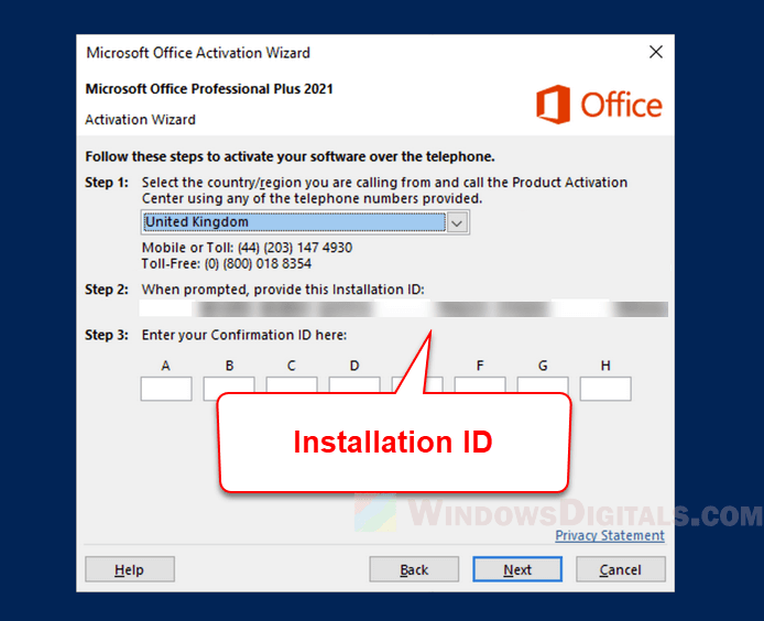 Activer Office par téléphone ID d'installation