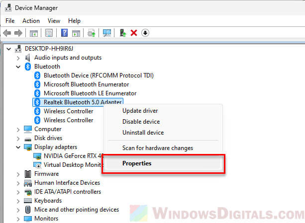 Bluetooth Adapter Properties in Device Manager Windows 11