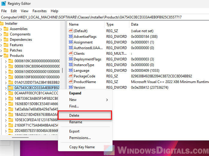 Completely delete Microsoft Visual C++ Minimum Runtime registry keys