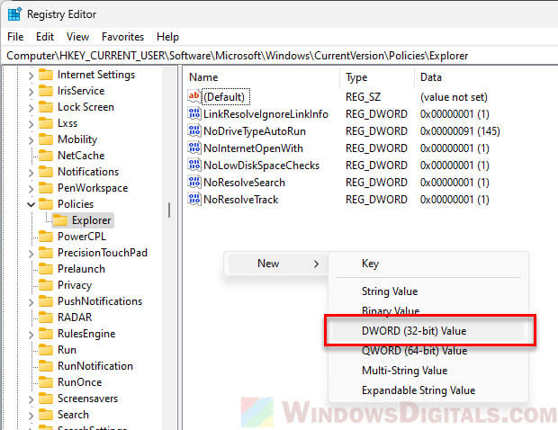 Create NoClose registry value in Windows 11