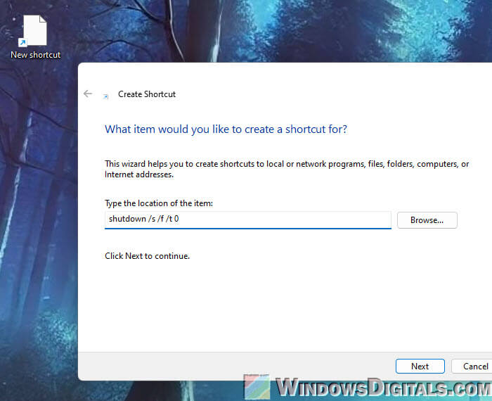 Create a shortcut to shut down or restart Windows 11