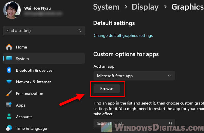 Custom graphics options for Microsoft Store app on Windows 11