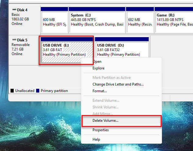 Delete a partition on a USB drive