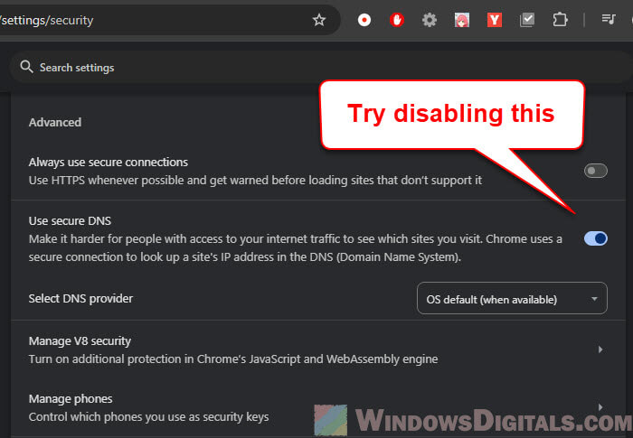 Disable Use Secure DNS in Chrome