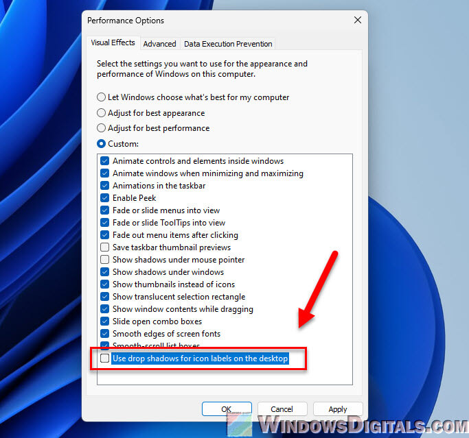 Disable Use drop shadows for icon labels on desktop Windows 11
