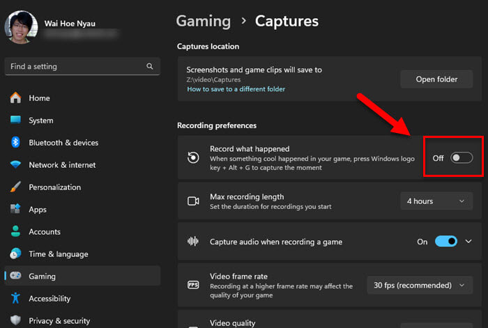 Disable Xbox Game Bar Record What Happened