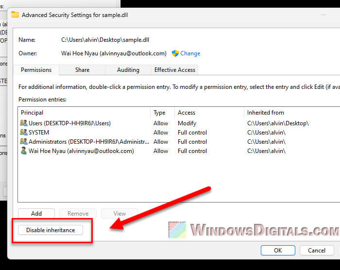 Disable inheritance of permissions for file or folder Windows 11