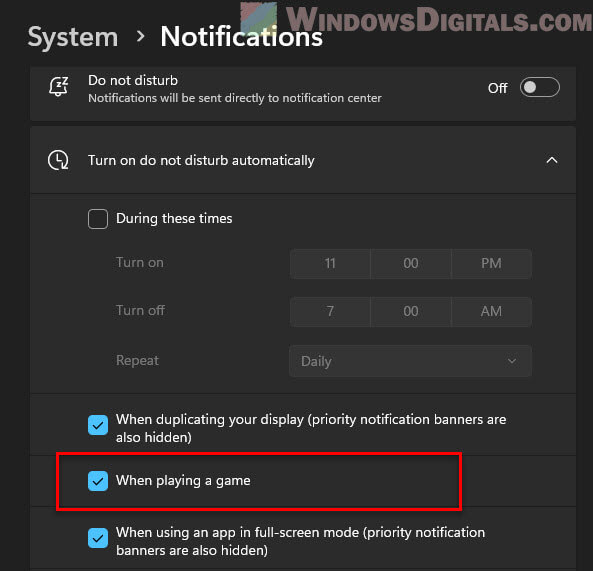 Disable pop-ups and notifications when gaming in Windows 11