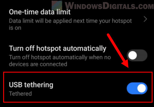 Enable USB tethering Android to Windows 11 PC