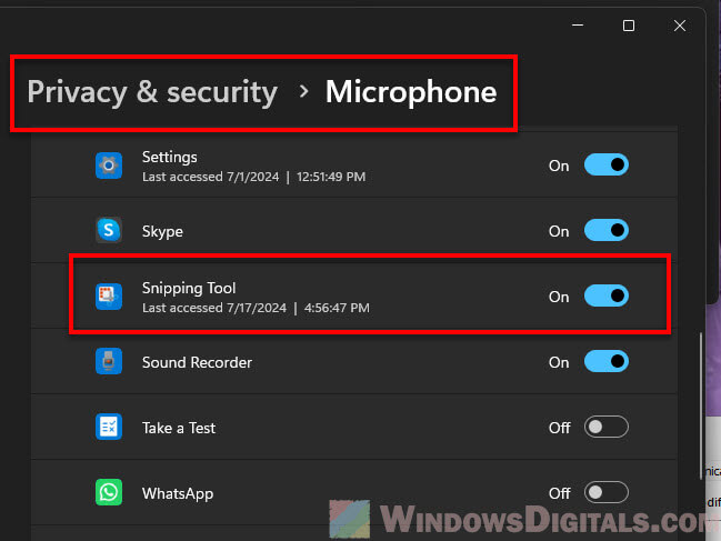 Enable audio permission for Snipping Tool in Windows 11