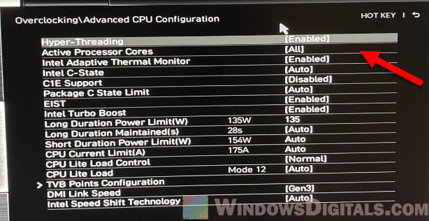 Enable multi-core or all CPU cores and hyper-threading BIOS