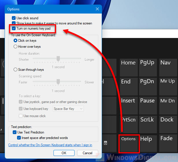 Enable numpad on-screen keyboard Windows 11