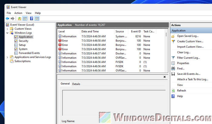 Event Viewer Application Error Logs on Windows 11