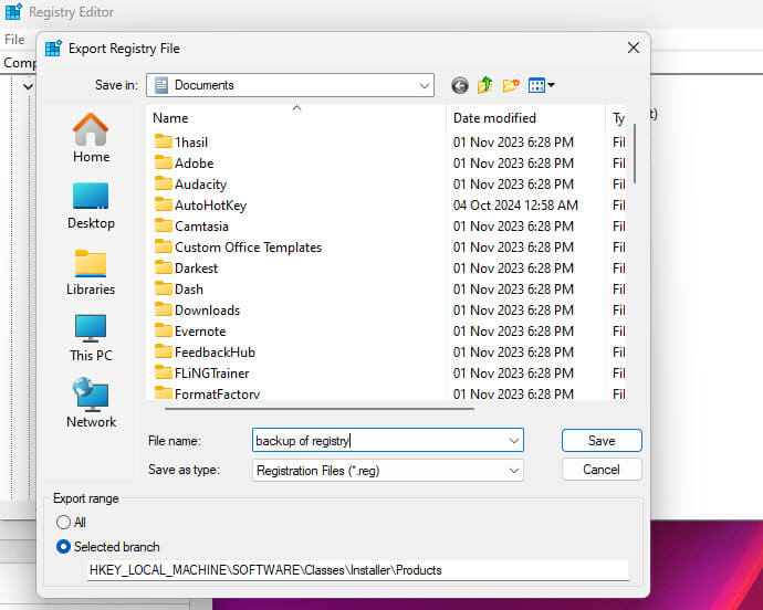 Export to back up registry in Windows 11