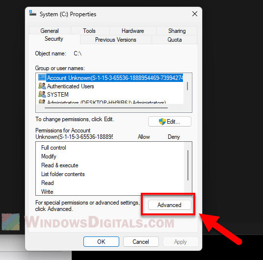 Folder or Drive Properties Advanced Security Settings