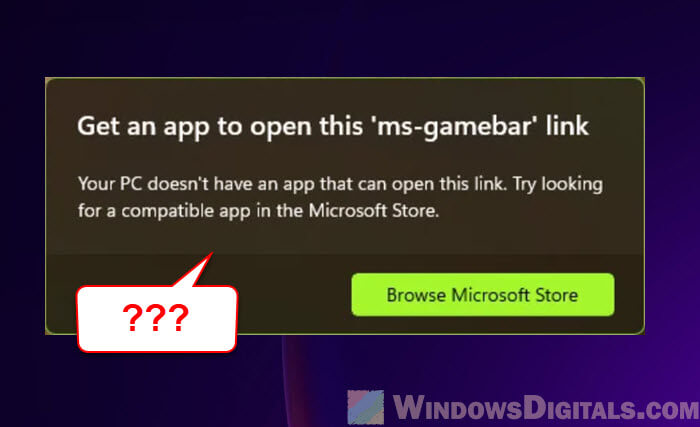 Get an app to open this ms-gamebar link pop-up