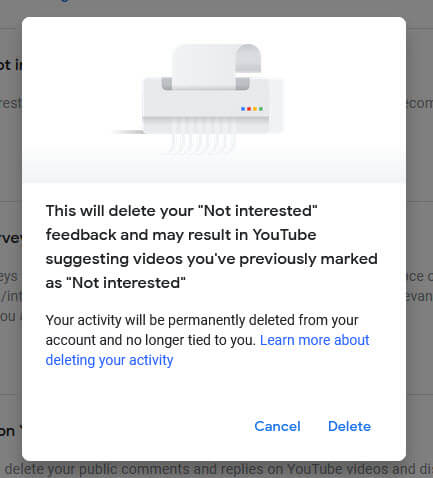 How to delete YouTube Not interested feedback