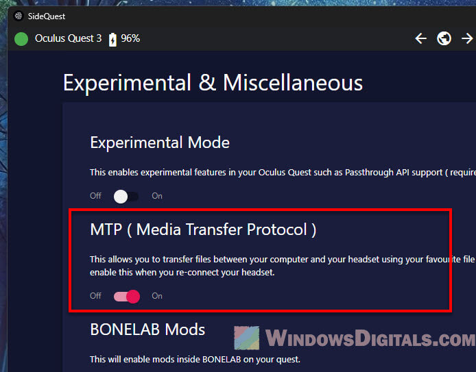 How to enable MTP for Quest 3