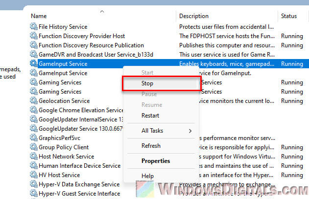 How to stop the GameInput Service on Windows 11