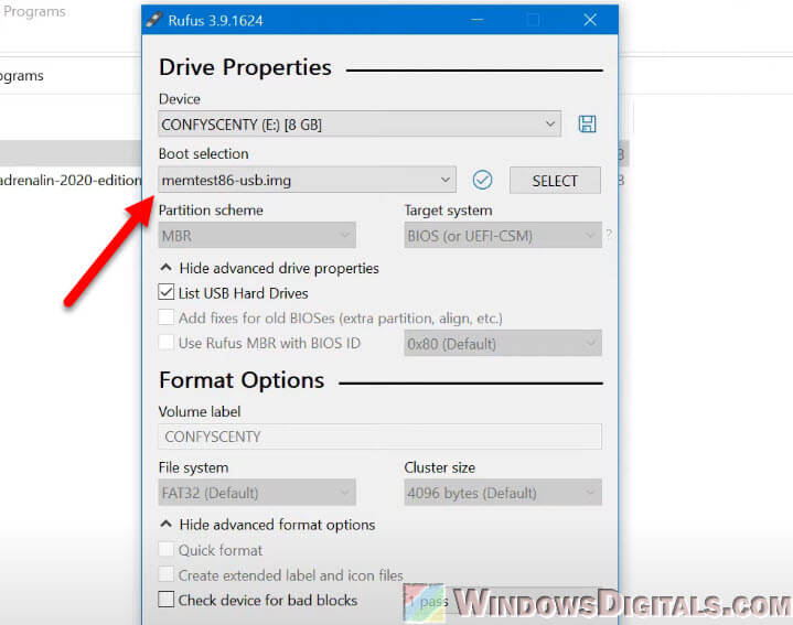 Make memtest86+ bootable USB using Rufus