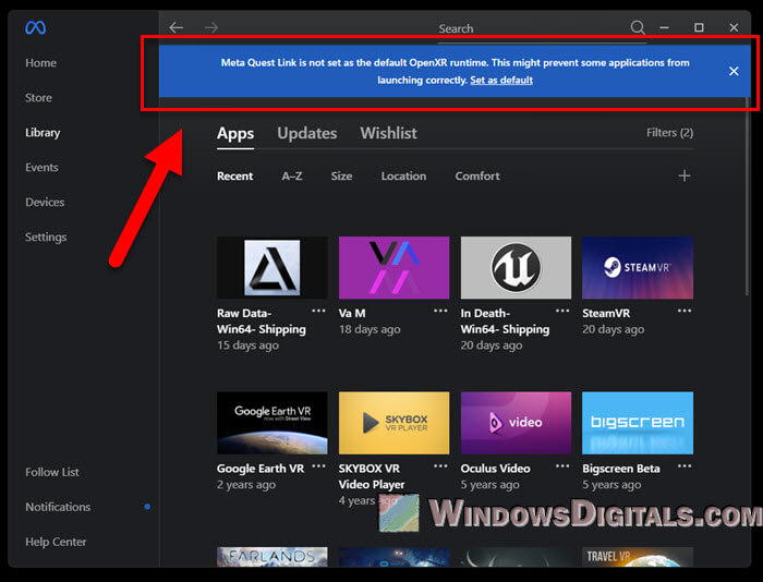 Meta Quest Link is not set as the default OpenXR runtime