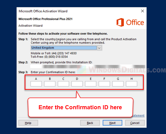 Activation de Microsoft Office par téléphone ID de confirmation