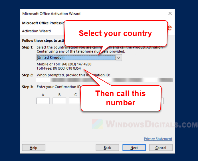 Numéro gratuit d'activation du téléphone Microsoft Office