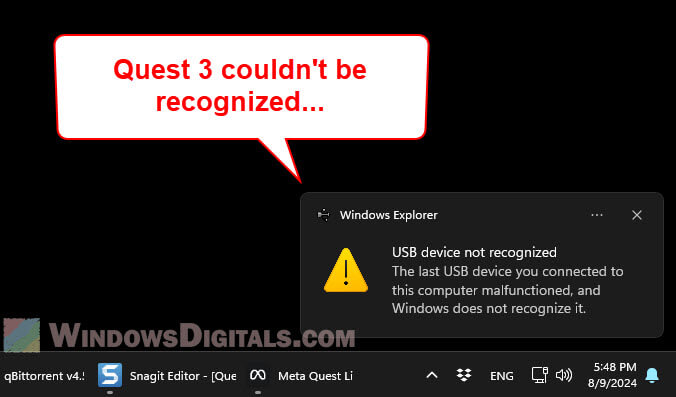PC can't detect Quest 3 (USB device not recognized)