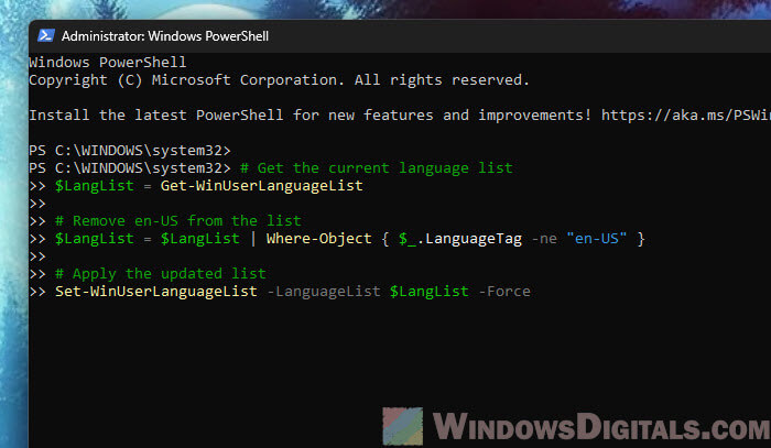 PowerShell command to remove English US keyboard layout from Windows 11 Taskbar