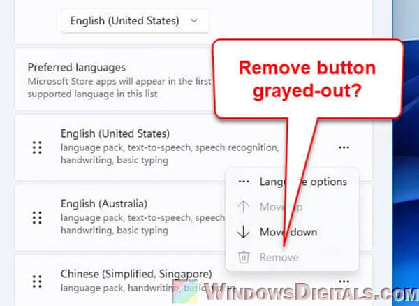 Remove button grayed out keyboard language pack Windows 11