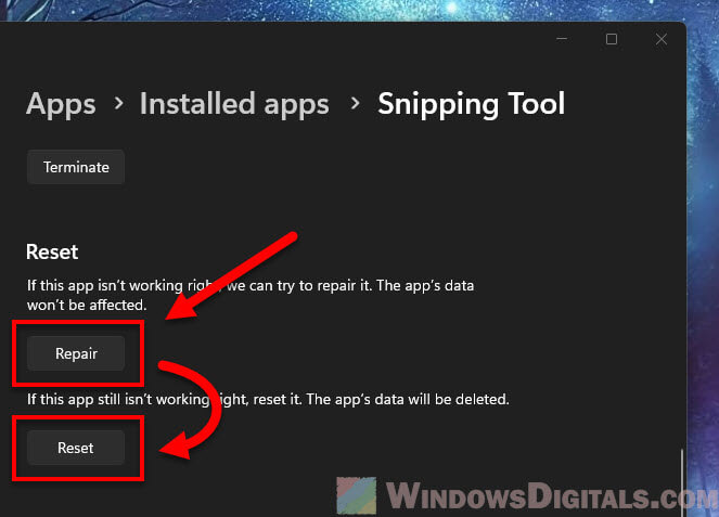 Repair and reset snipping tool