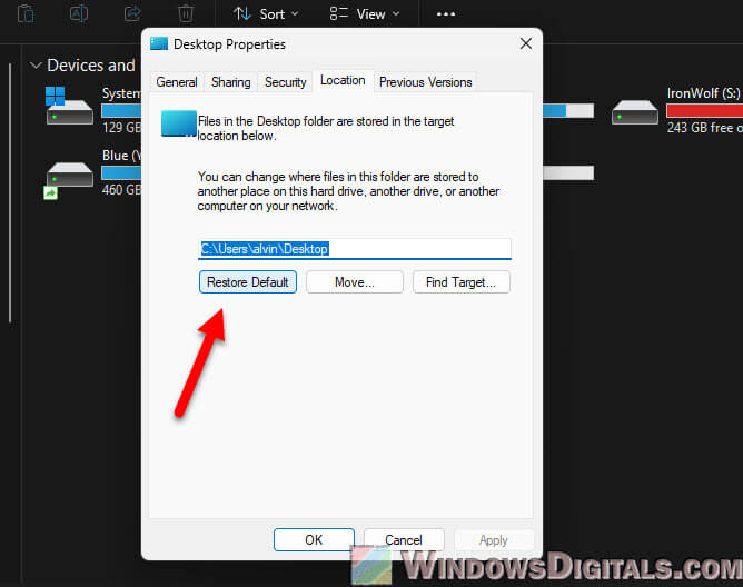 Restore Desktop folder default location