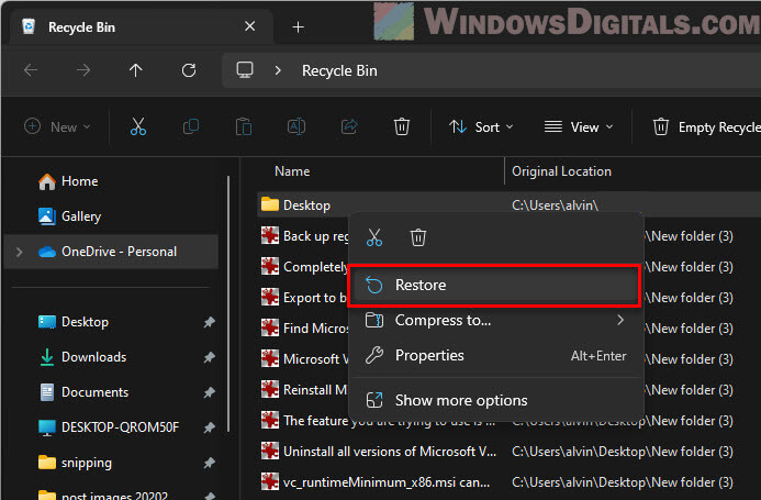 Restore deleted Desktop folder in Windows 11