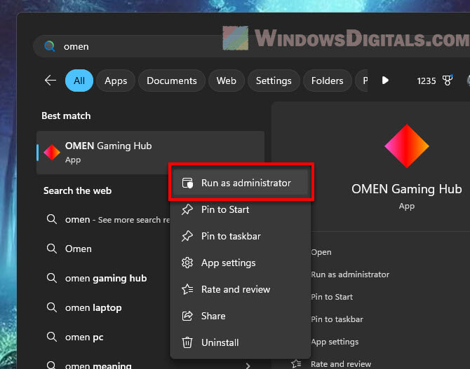 Run OMEN Gaming Hub as administrator