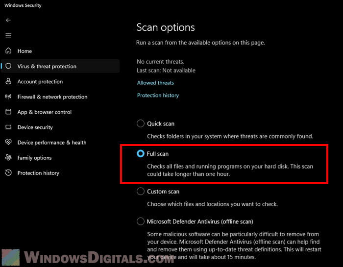 Run full virus scan Windows 11 Microsoft Defender