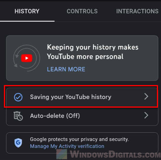 Saving your YouTube history option