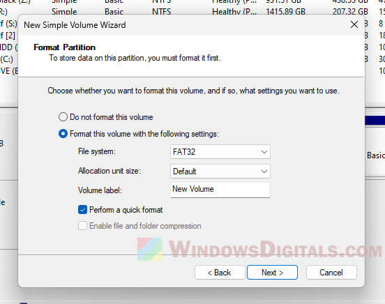 Select File System for USB drive FAT FAT32 or NTFS