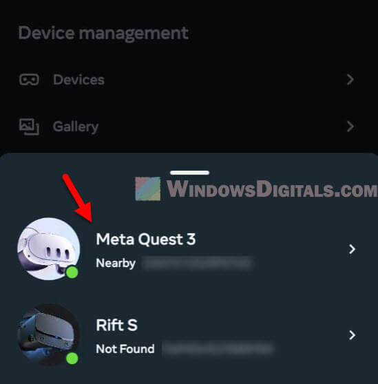 Select Quest 3 Headset in Meta Horizon app