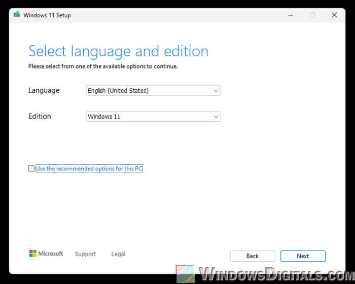 Select language and edition of Windows 11