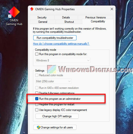 Set OMEN Gaming Hub System Optimizer to run as admin