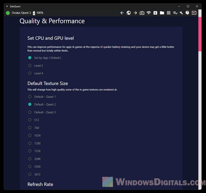 Set Quest 3 CPU and GPU level in SideQuest