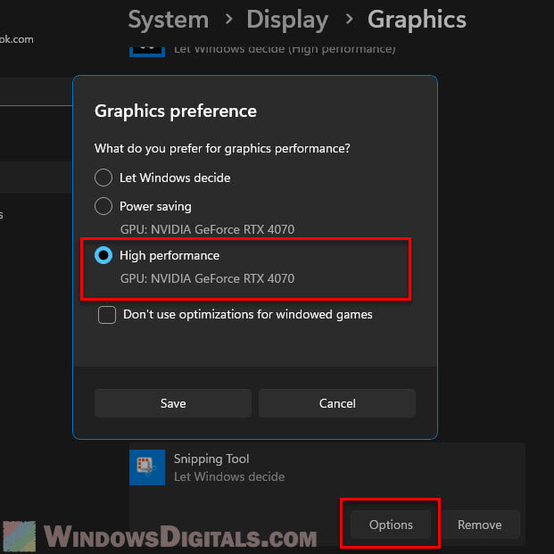 Set Snipping Tool to use dedicated Graphics card