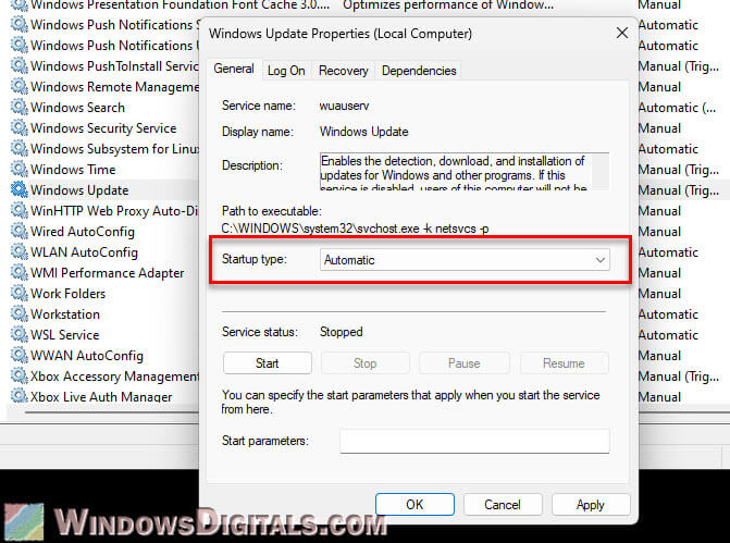 Set Windows Update service to Automatic