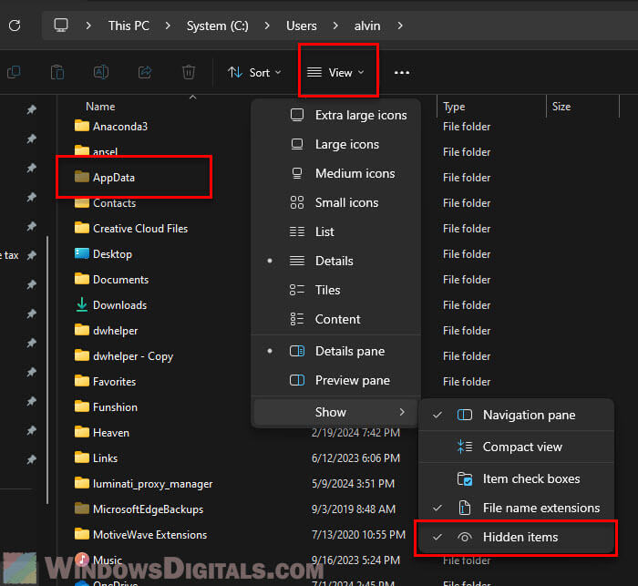 Show hidden items Windows 11 AppData folder