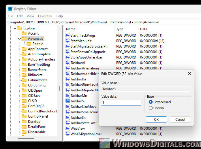 TaskbarSi Registry key value for Windows 11