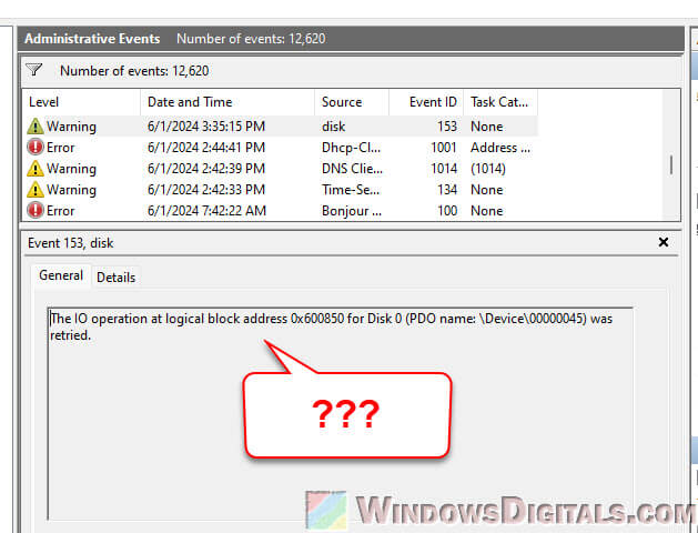 The IO operation at logical block address for Disk 0 was retried