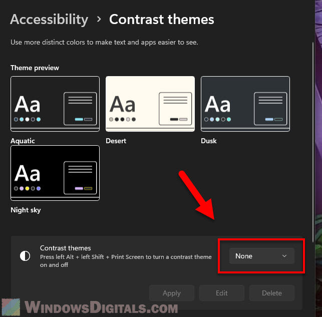 Turn off Contrast theme in Windows 11