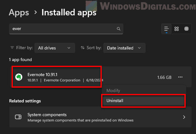 Uninstall Evernote in Windows 11