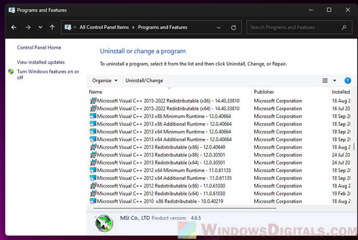 Uninstall all versions of Microsoft Visual C++ Redistributables